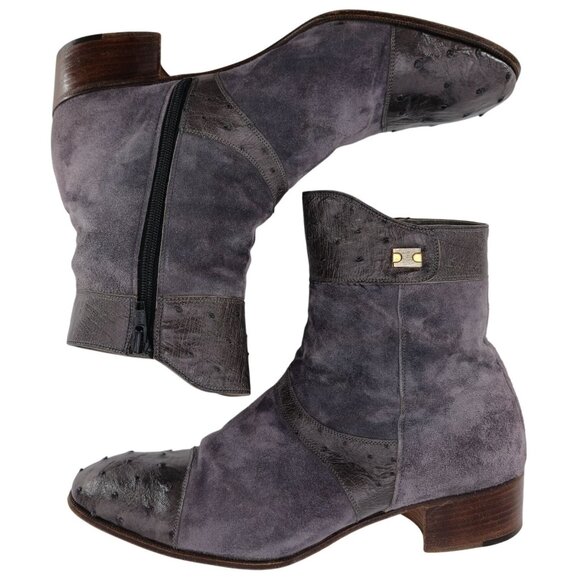 Vintage Mauri Exotic Ostrich and Suede Gray Dress Shoes Mens 8.5 Ankle Zip Boots main image 3